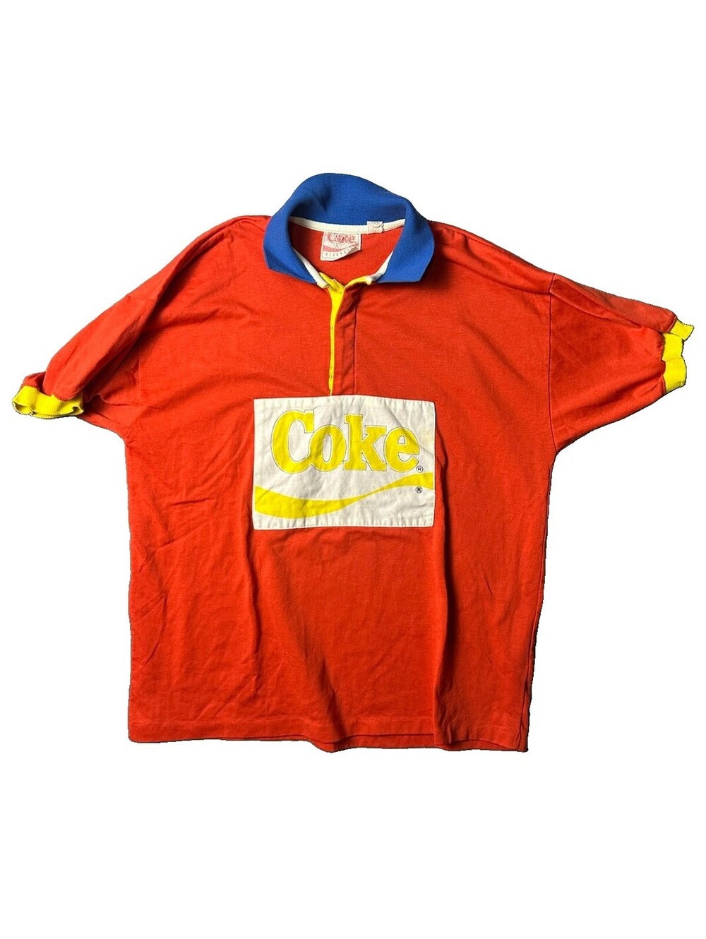 Rare VTG 80s Coca Cola Rugby Polo Shirt Large Color Block Patch USA